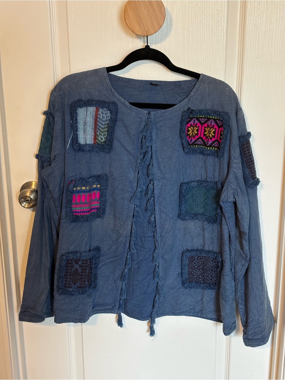 Blue Patchwork Jacket with Colorful Accents